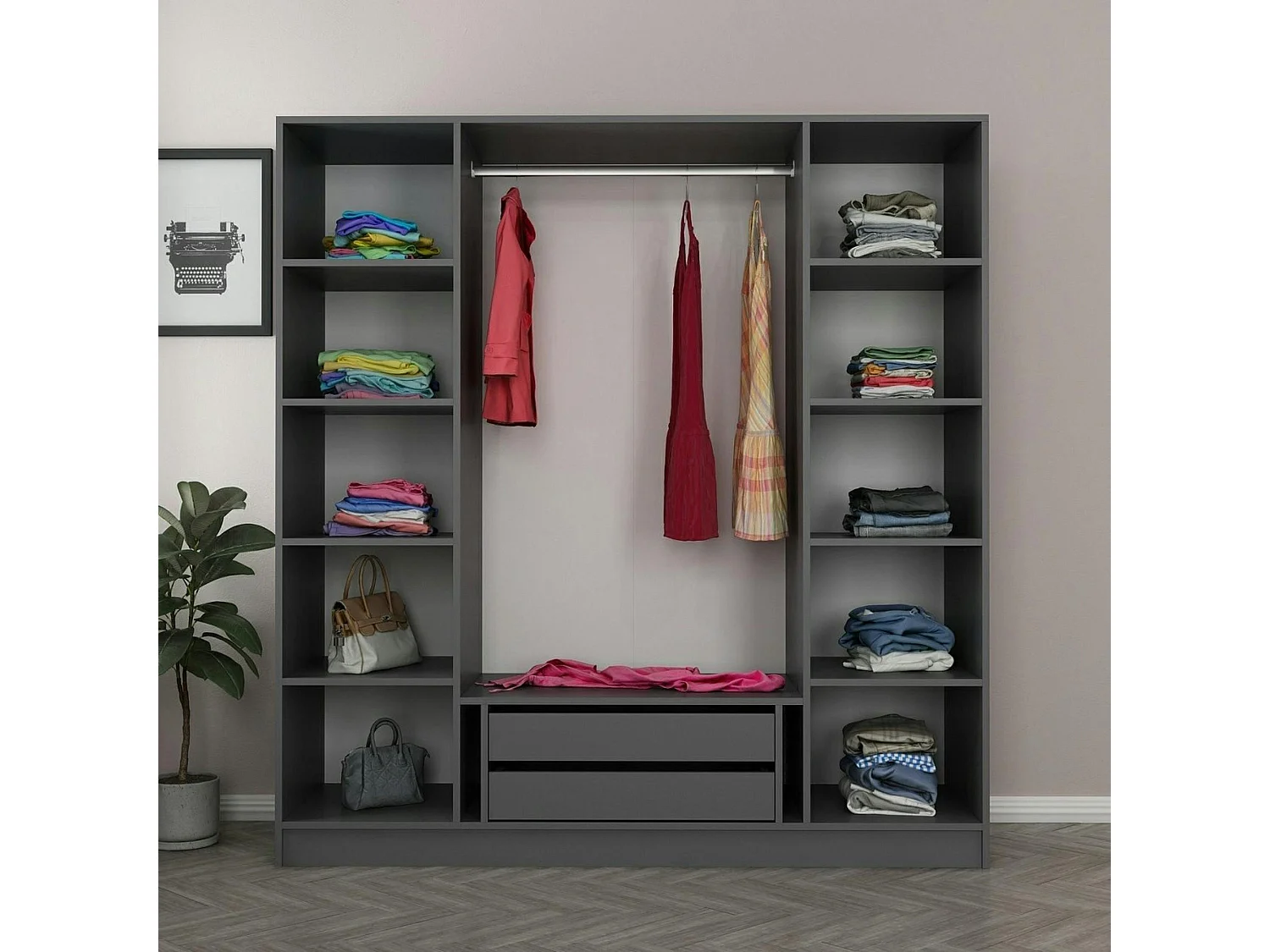 Armoire penderie design gris 4 portes vitrées H 190 cm BYRON