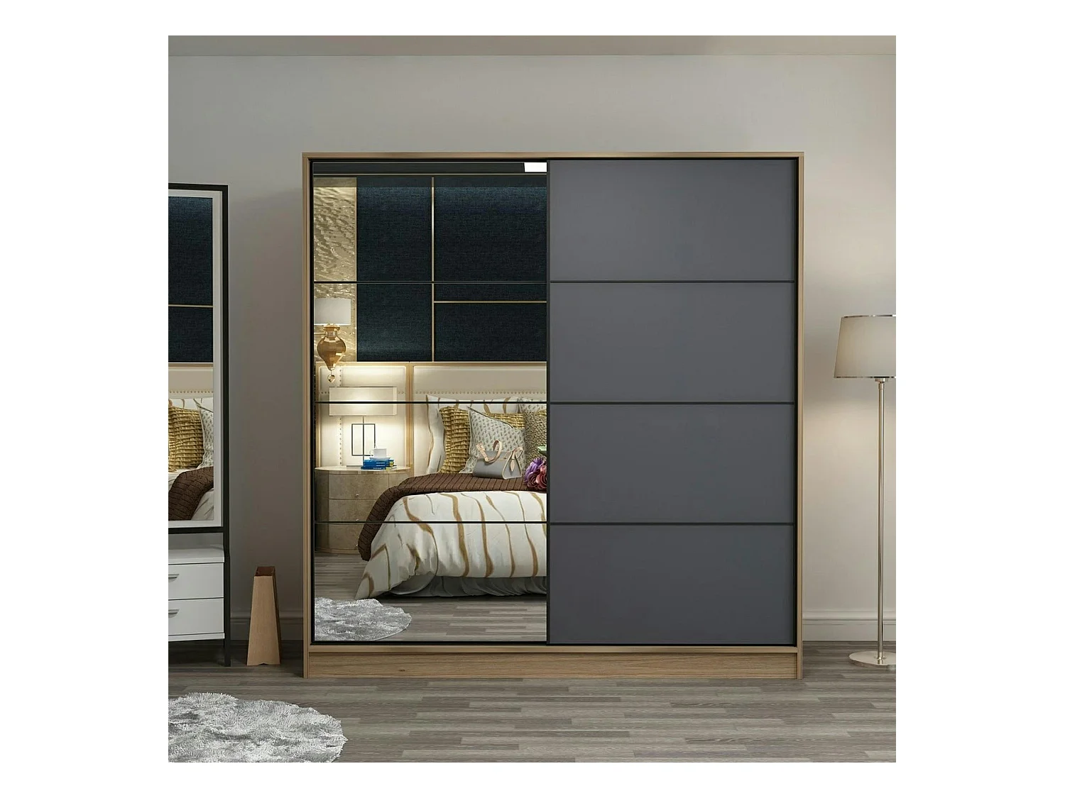 Armoire penderie chambre, 1 porte grise & miroir H 210 cm BYRON