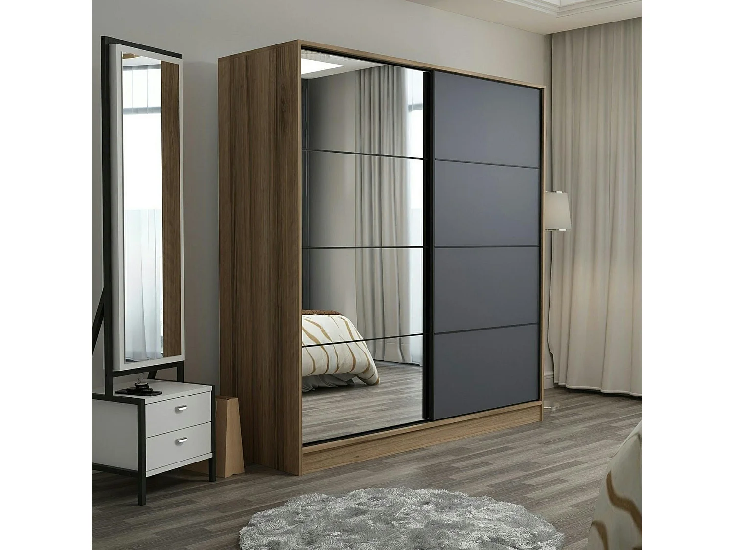 Armoire penderie chambre, 1 porte grise & miroir H 210 cm BYRON