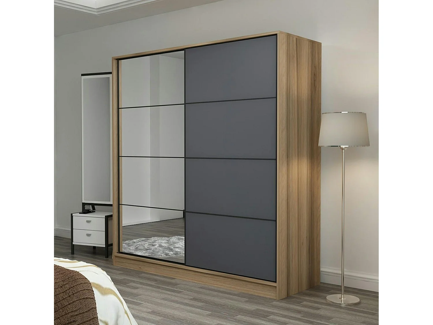 Armoire penderie chambre, 1 porte grise & miroir H 210 cm BYRON