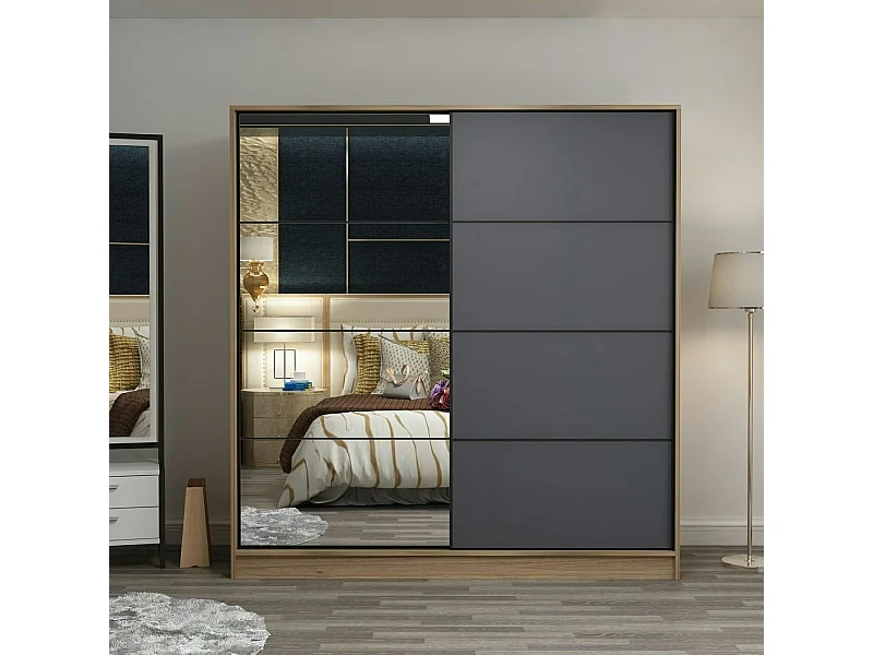 Armoire penderie chambre, 1 porte grise & miroir H 210 cm BYRON