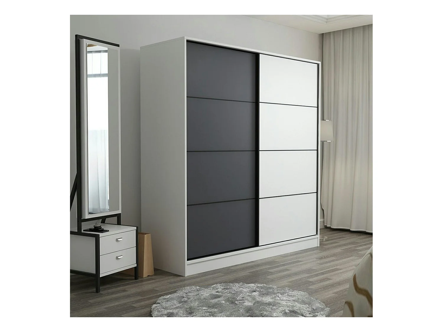 Armoire penderie moderne blanc et gris L. 180 cm BYRON