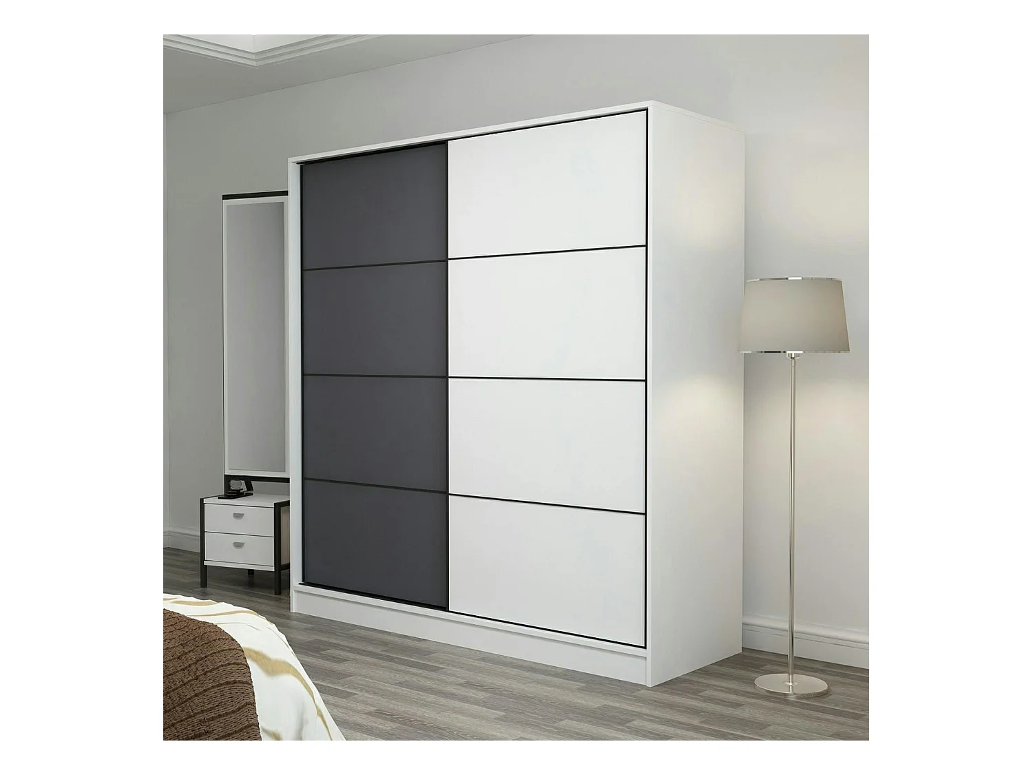 Armoire penderie moderne blanc et gris L. 180 cm BYRON