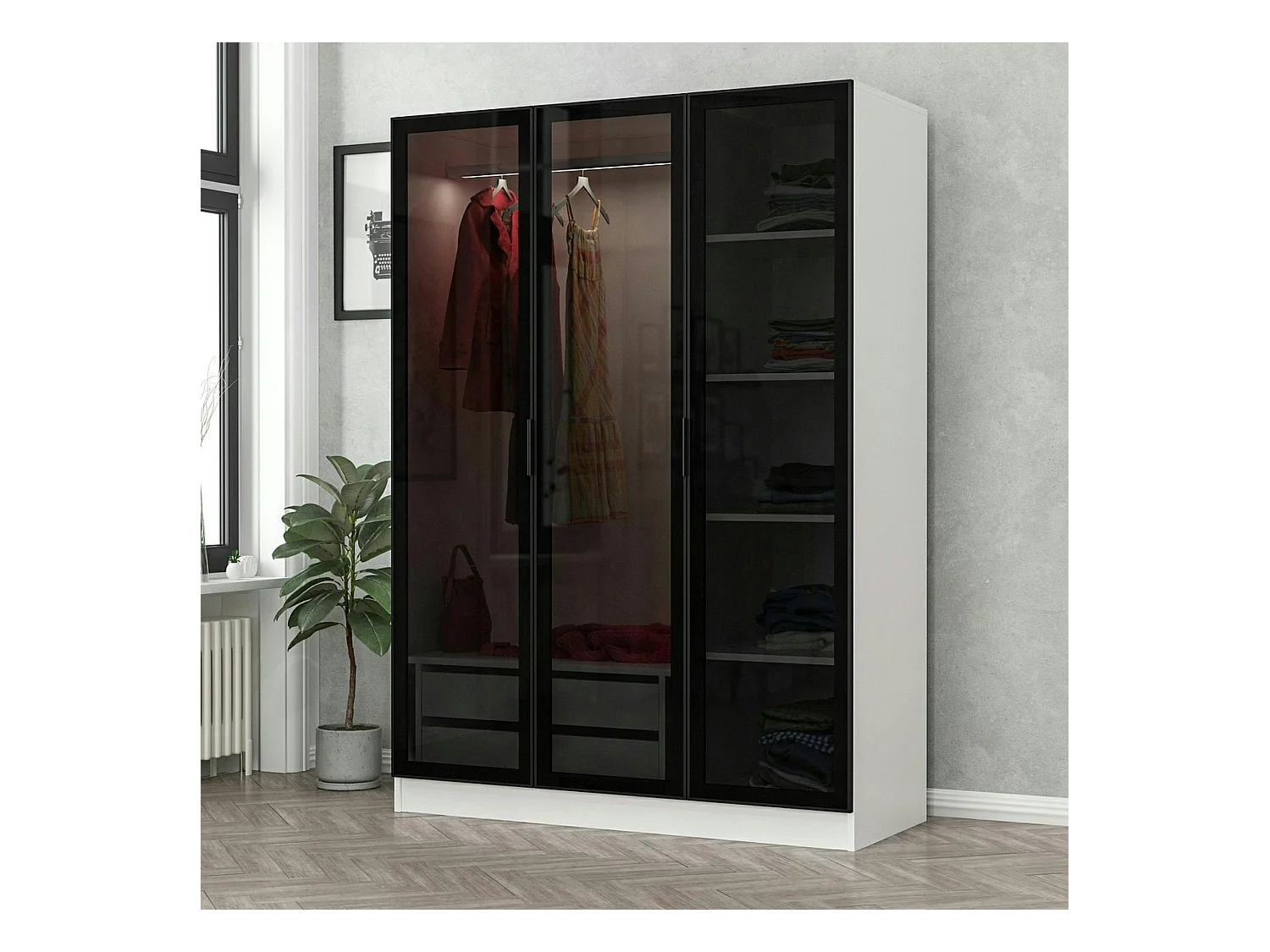 Armoire penderie blanche 3 portes vitrées H 210 cm BYRON