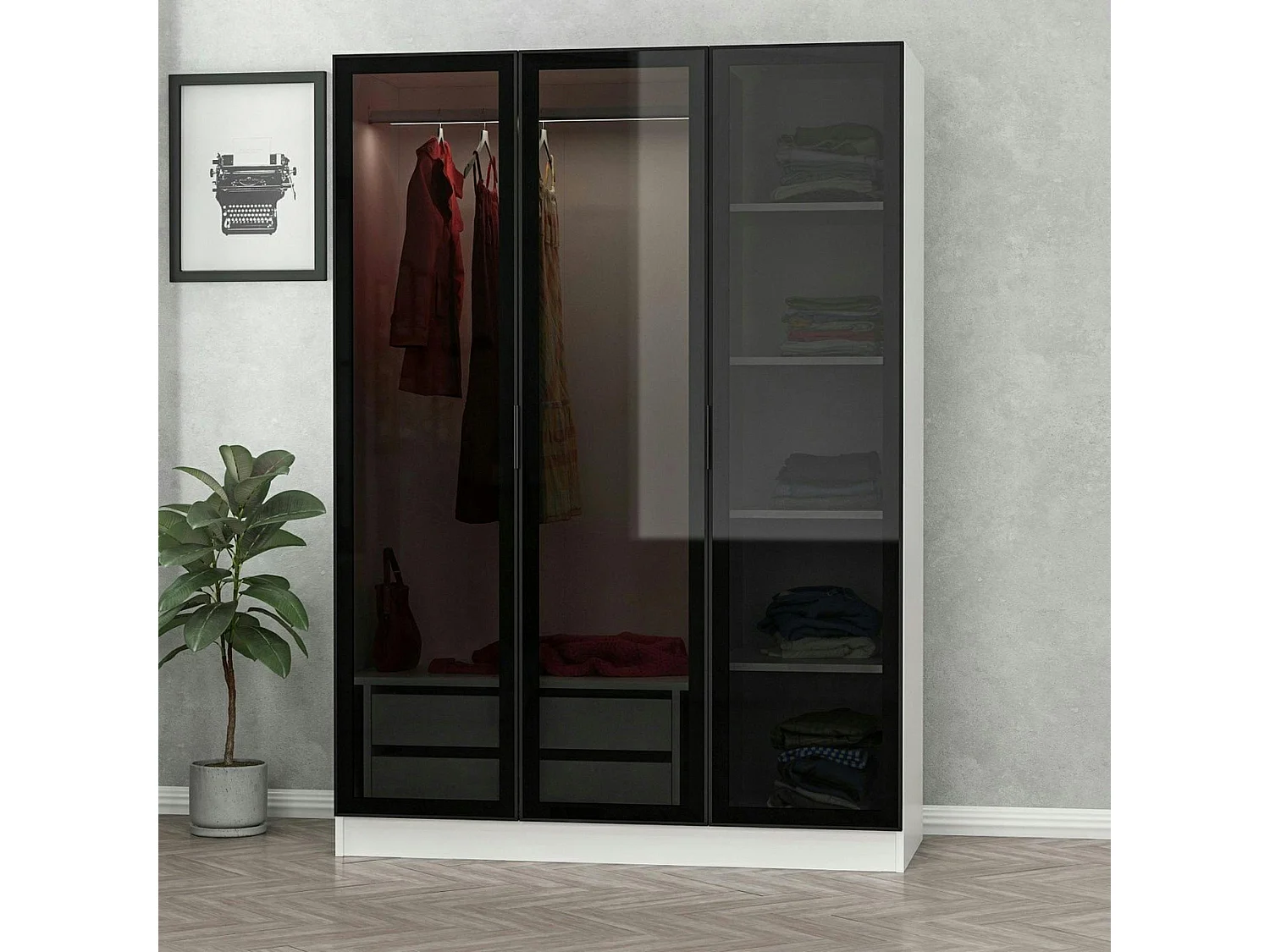 Armoire penderie blanche 3 portes vitrées H 210 cm BYRON