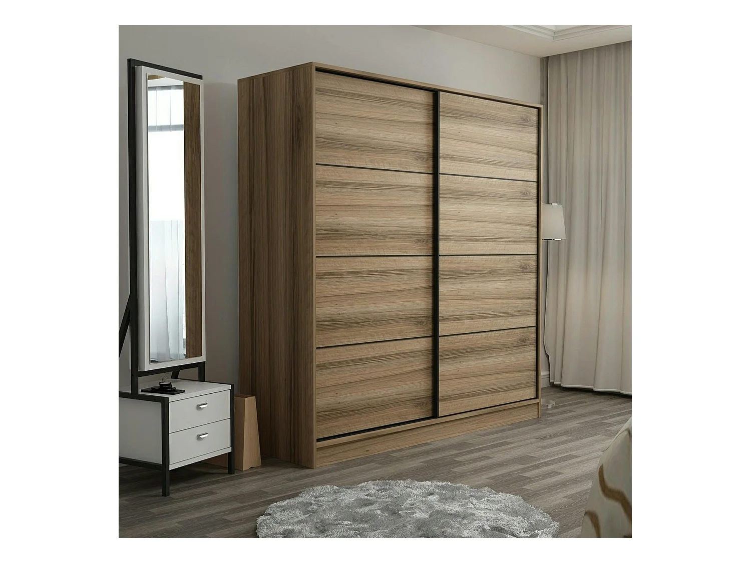 Armoire double penderie portes coulissantes, effet bois BYRON