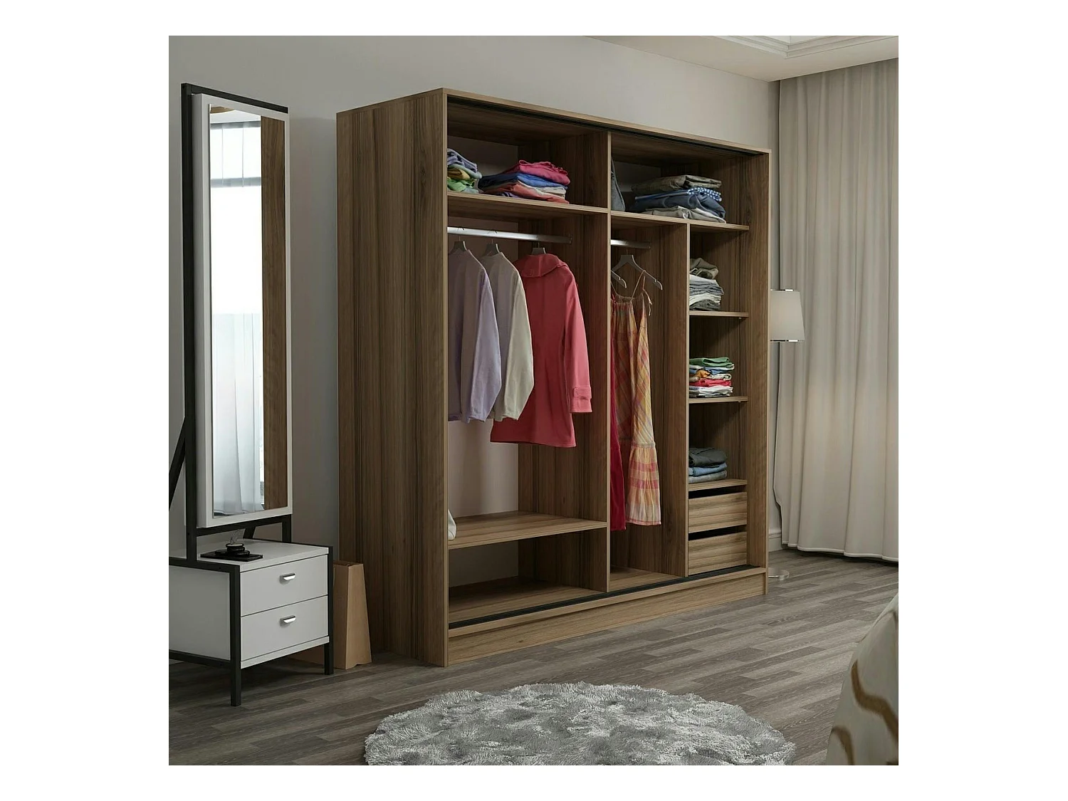 Armoire double penderie portes coulissantes, effet bois BYRON