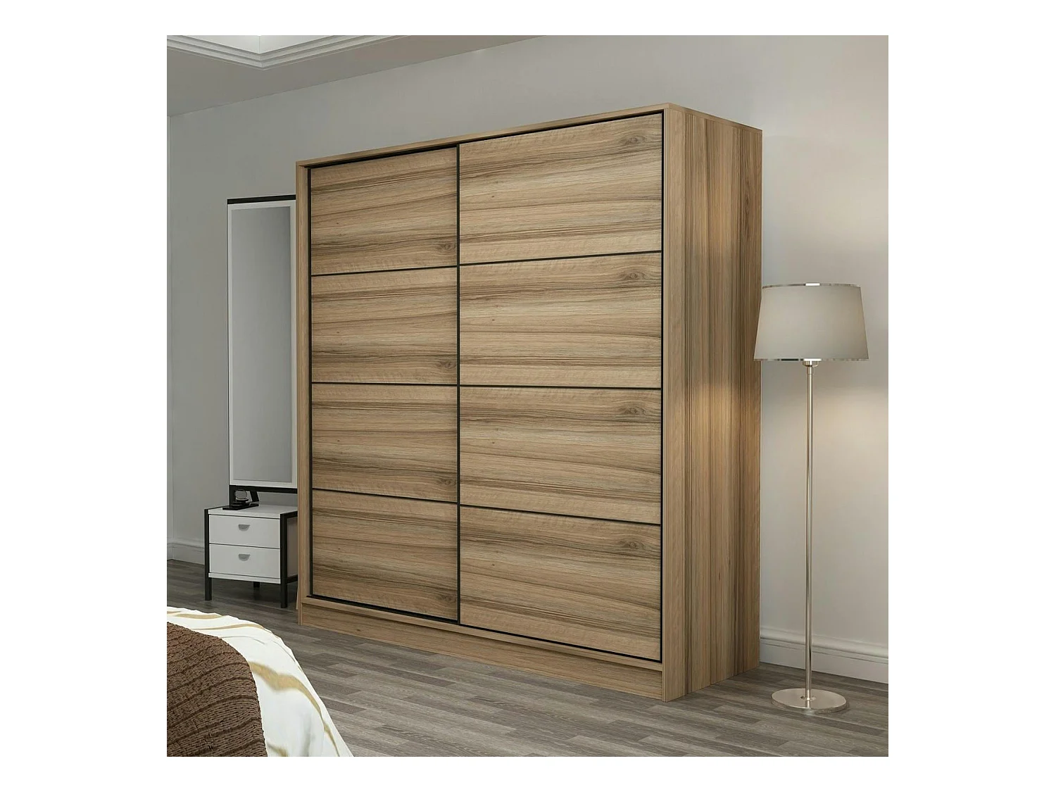 Armoire double penderie portes coulissantes, effet bois BYRON