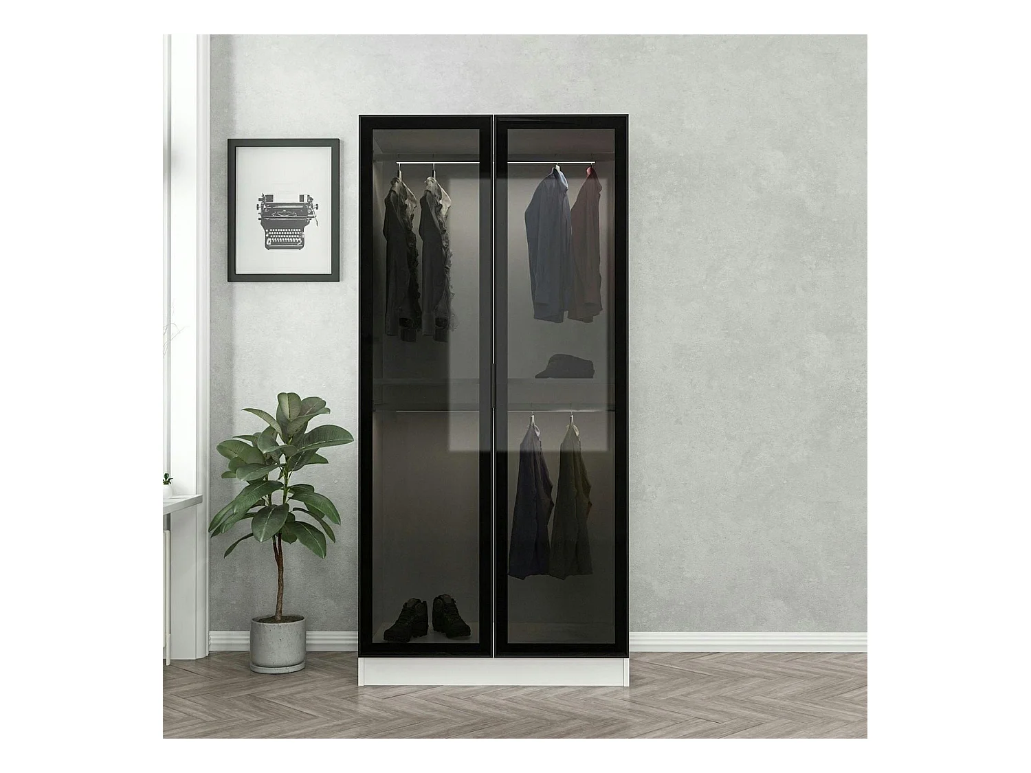 Armoire penderie design blanche - 2 portes vitrées BYRON