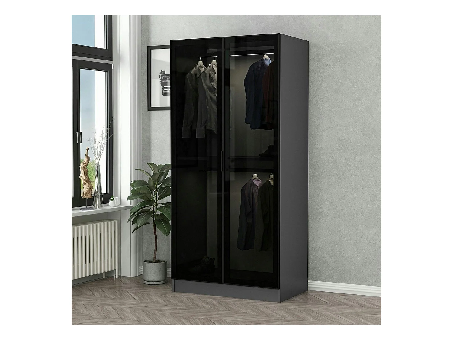 Armoire penderie design grise - 2 portes vitrées BYRON
