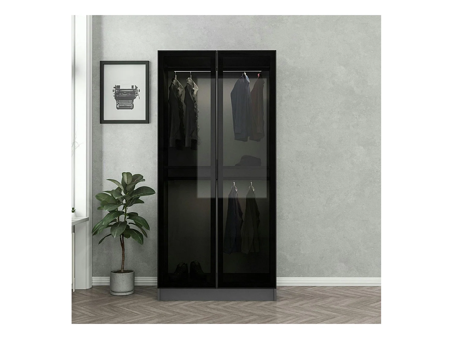 Armoire penderie design grise - 2 portes vitrées BYRON