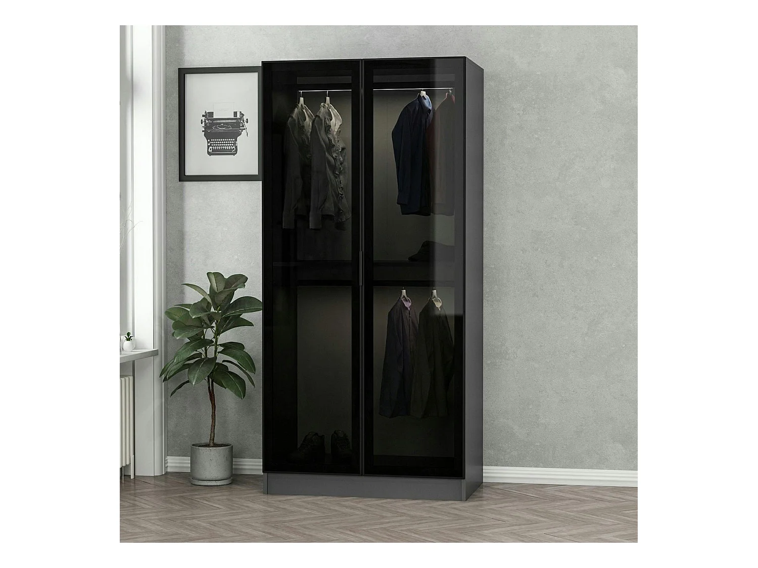 Armoire penderie design grise - 2 portes vitrées BYRON
