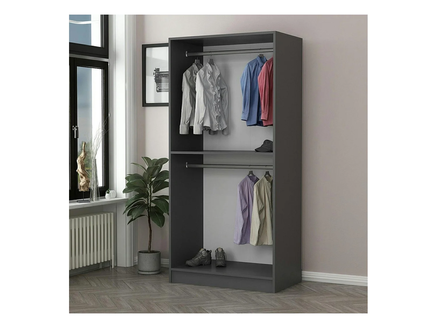 Armoire penderie design grise - 2 portes vitrées BYRON