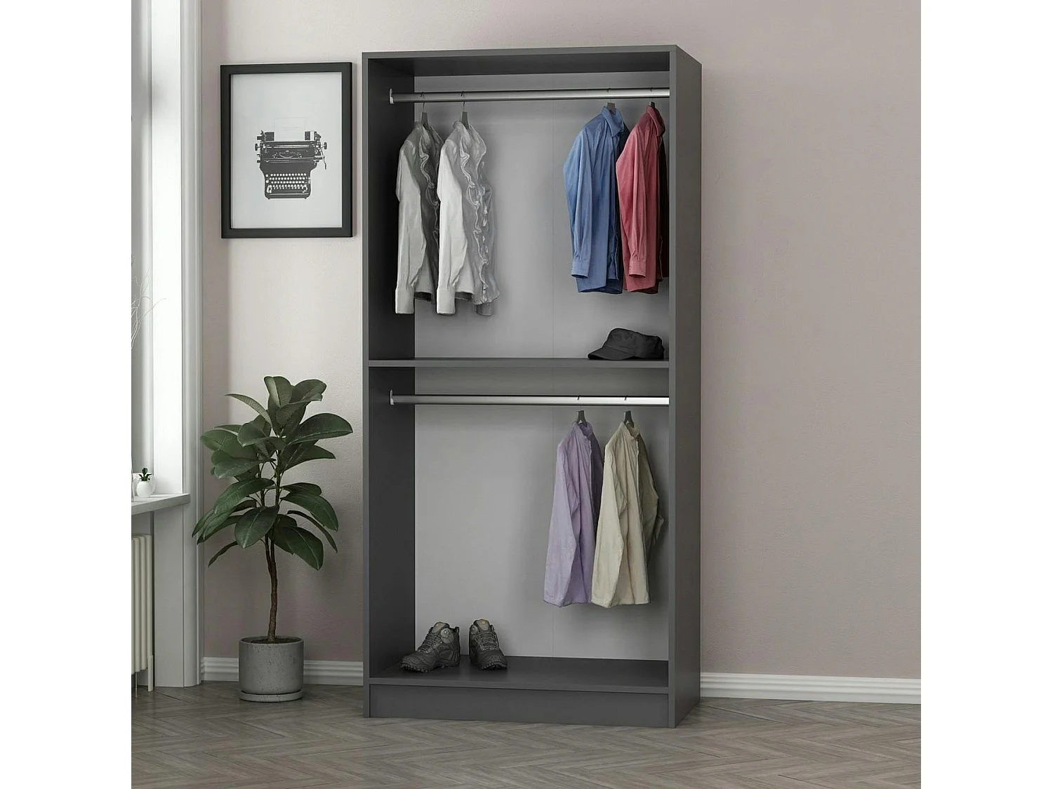 Armoire penderie design grise - 2 portes vitrées BYRON