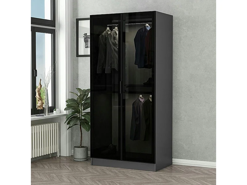 Armoire penderie design grise - 2 portes vitrées BYRON