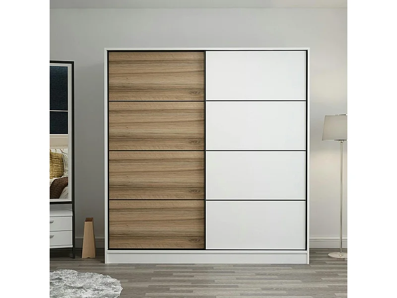 Armoire penderie à portes coulissantes, blanc & effet bois BYRON