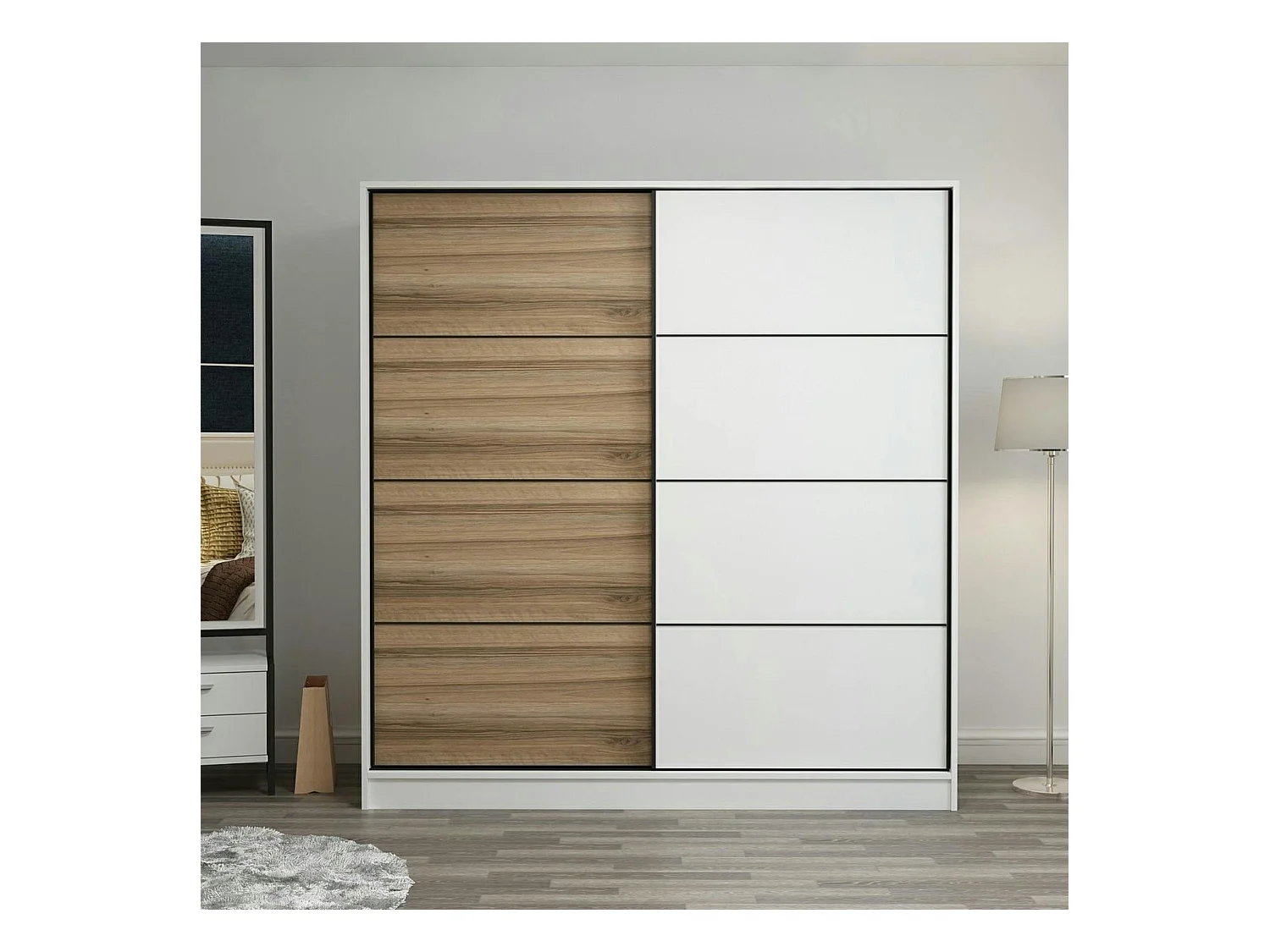 Armoire penderie à portes coulissantes, blanc & effet bois BYRON
