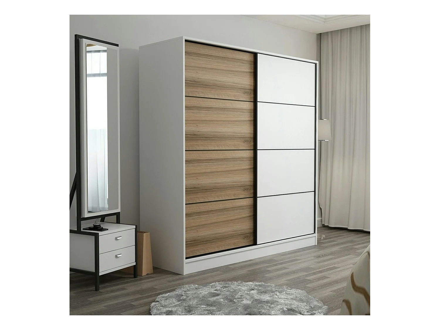 Armoire penderie à portes coulissantes, blanc & effet bois BYRON