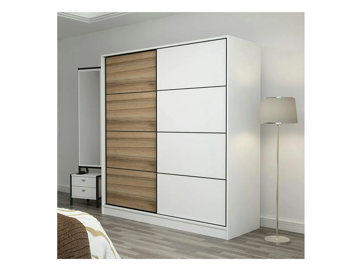 Armoire penderie à portes coulissantes, blanc & effet bois BYRON