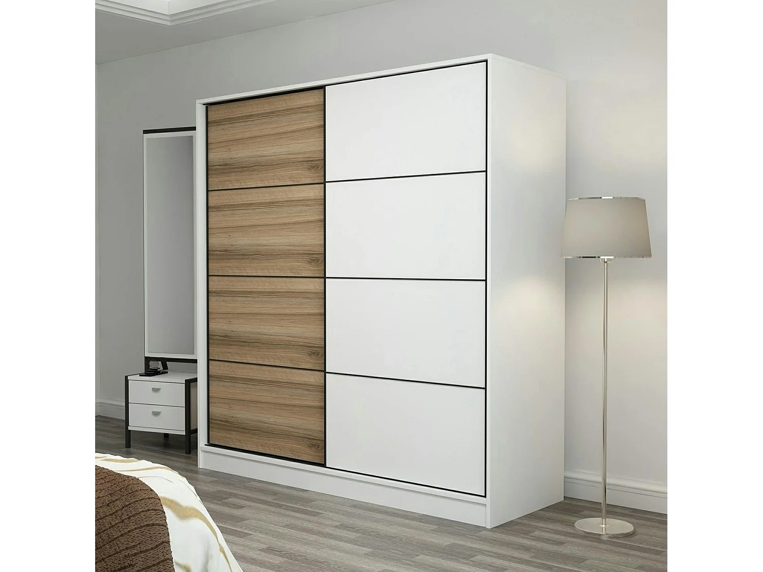 Armoire penderie à portes coulissantes, blanc & effet bois BYRON