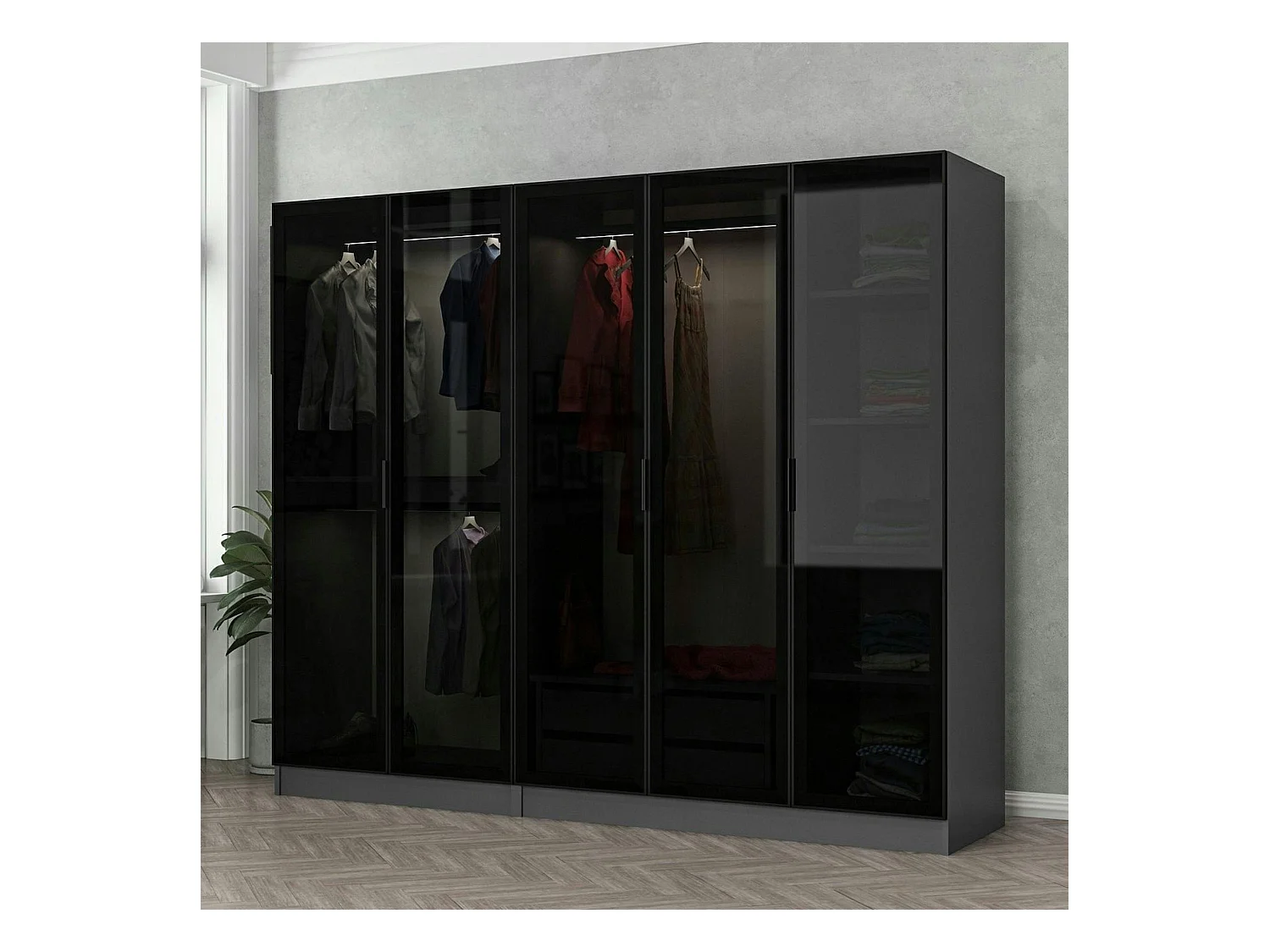 Armoire dressing design gris 5 portes verre H 190 cm BYRON