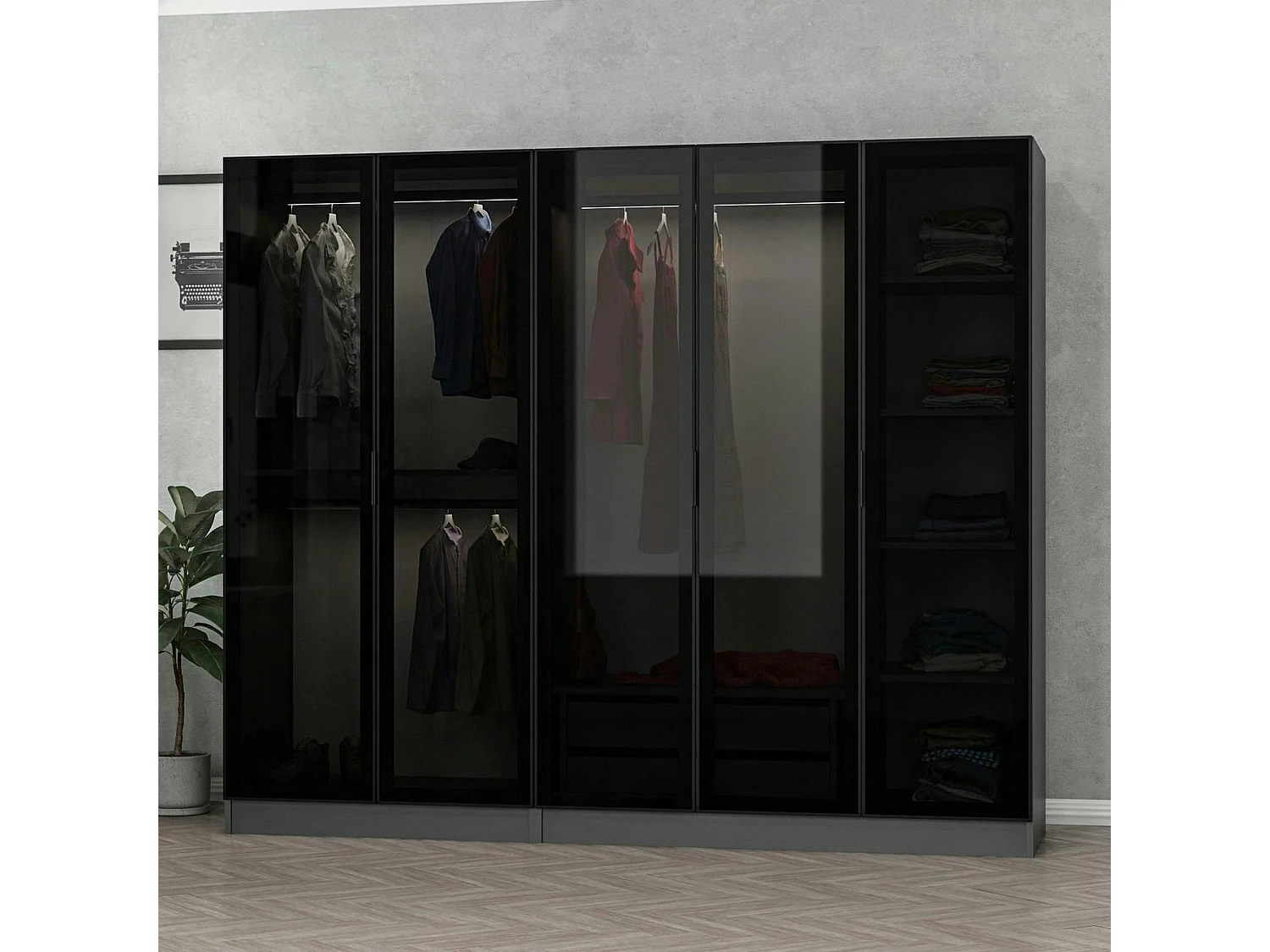 Armoire dressing design gris 5 portes verre H 190 cm BYRON