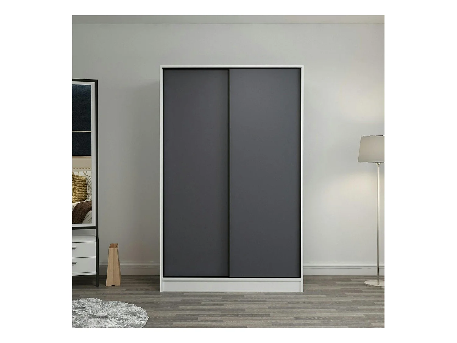 Armoire penderie blanche - portes coulissantes grises BYRON