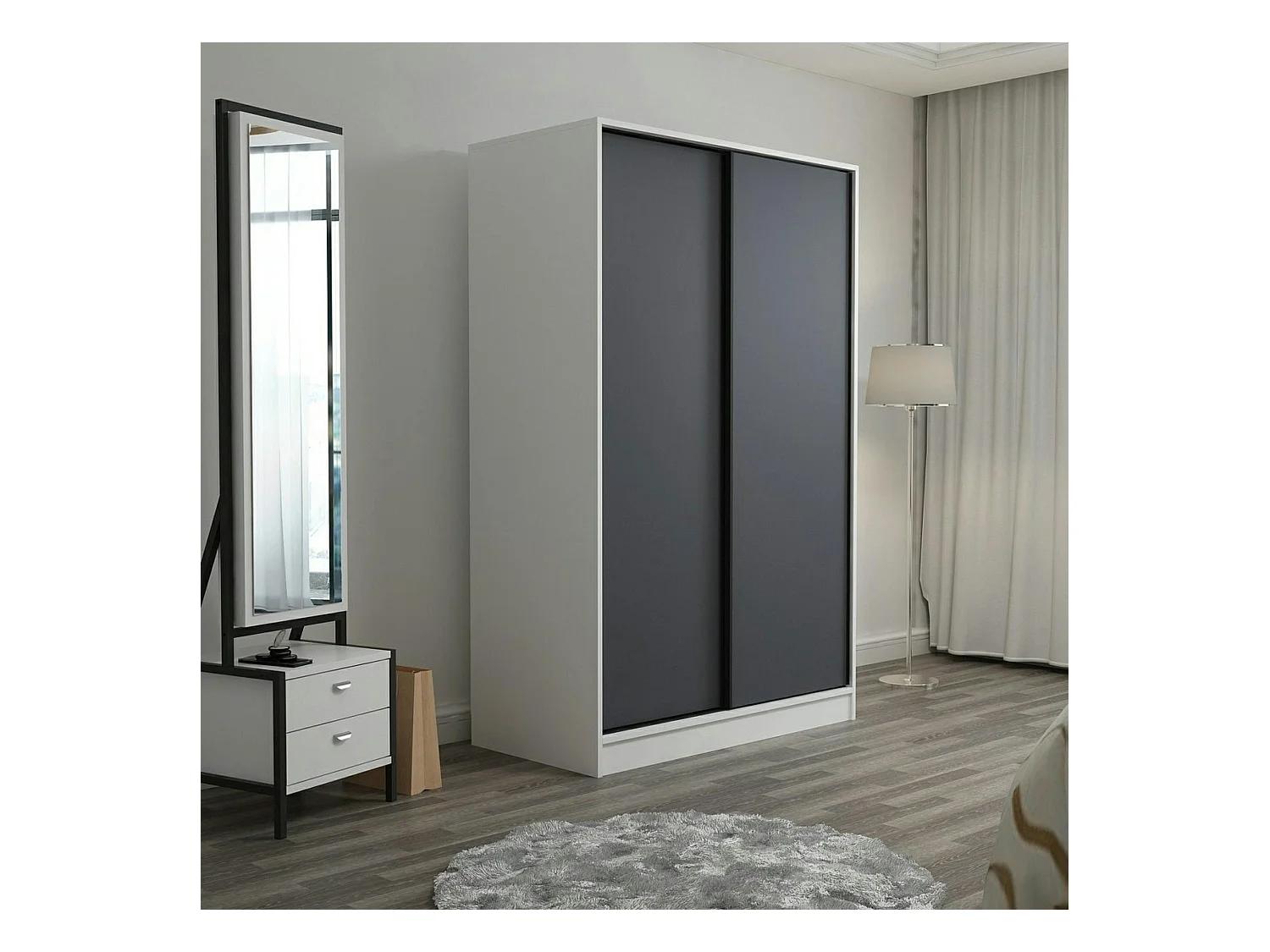 Armoire penderie blanche - portes coulissantes grises BYRON