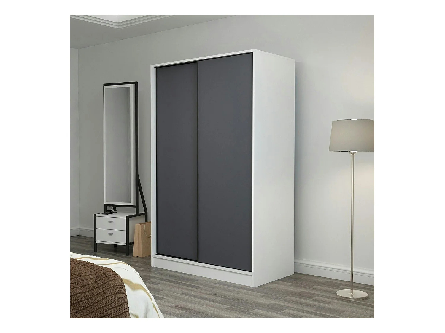 Armoire penderie blanche - portes coulissantes grises BYRON