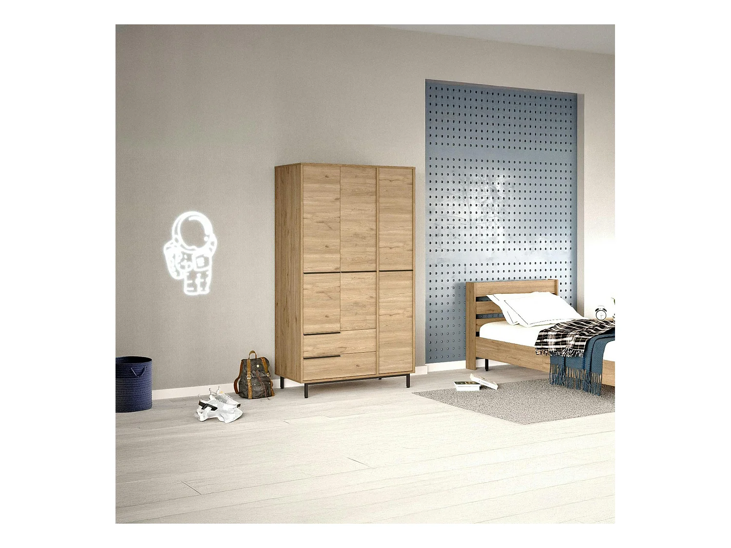 Armoire penderie moderne effet bois - 3 portes BYRON