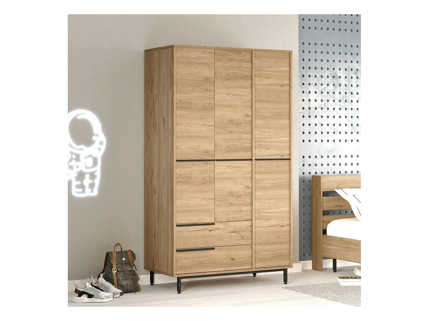 Armoire penderie moderne effet bois - 3 portes BYRON