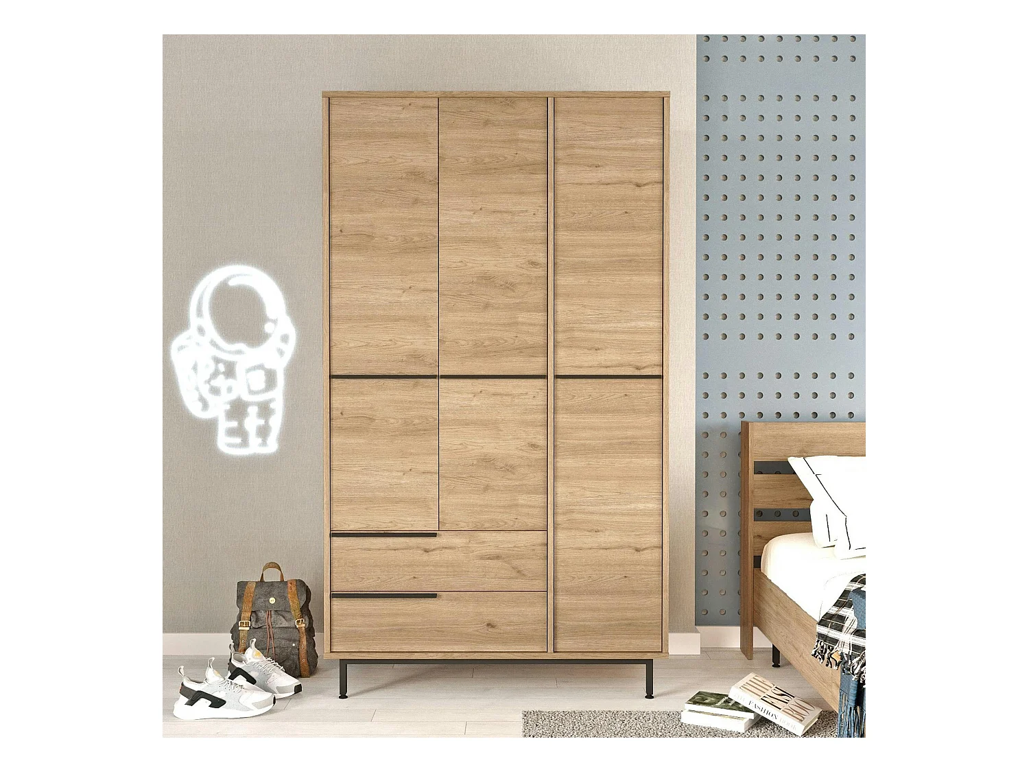 Armoire penderie moderne effet bois - 3 portes BYRON