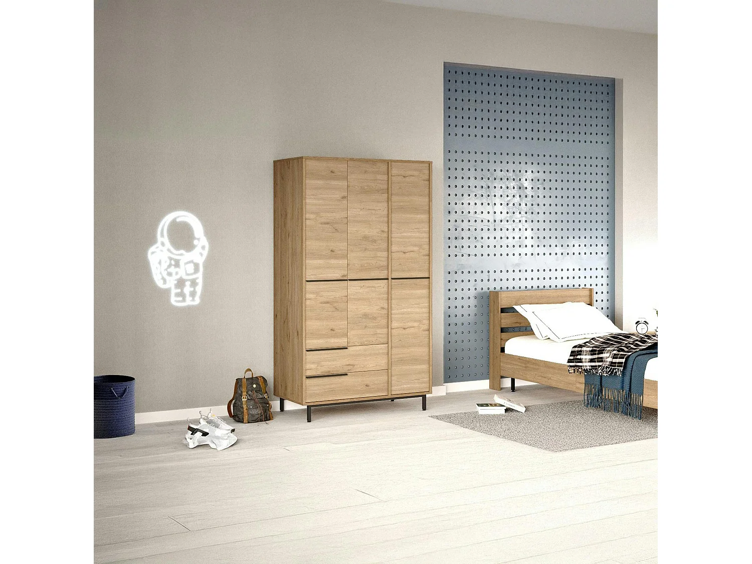 Armoire penderie moderne effet bois - 3 portes BYRON