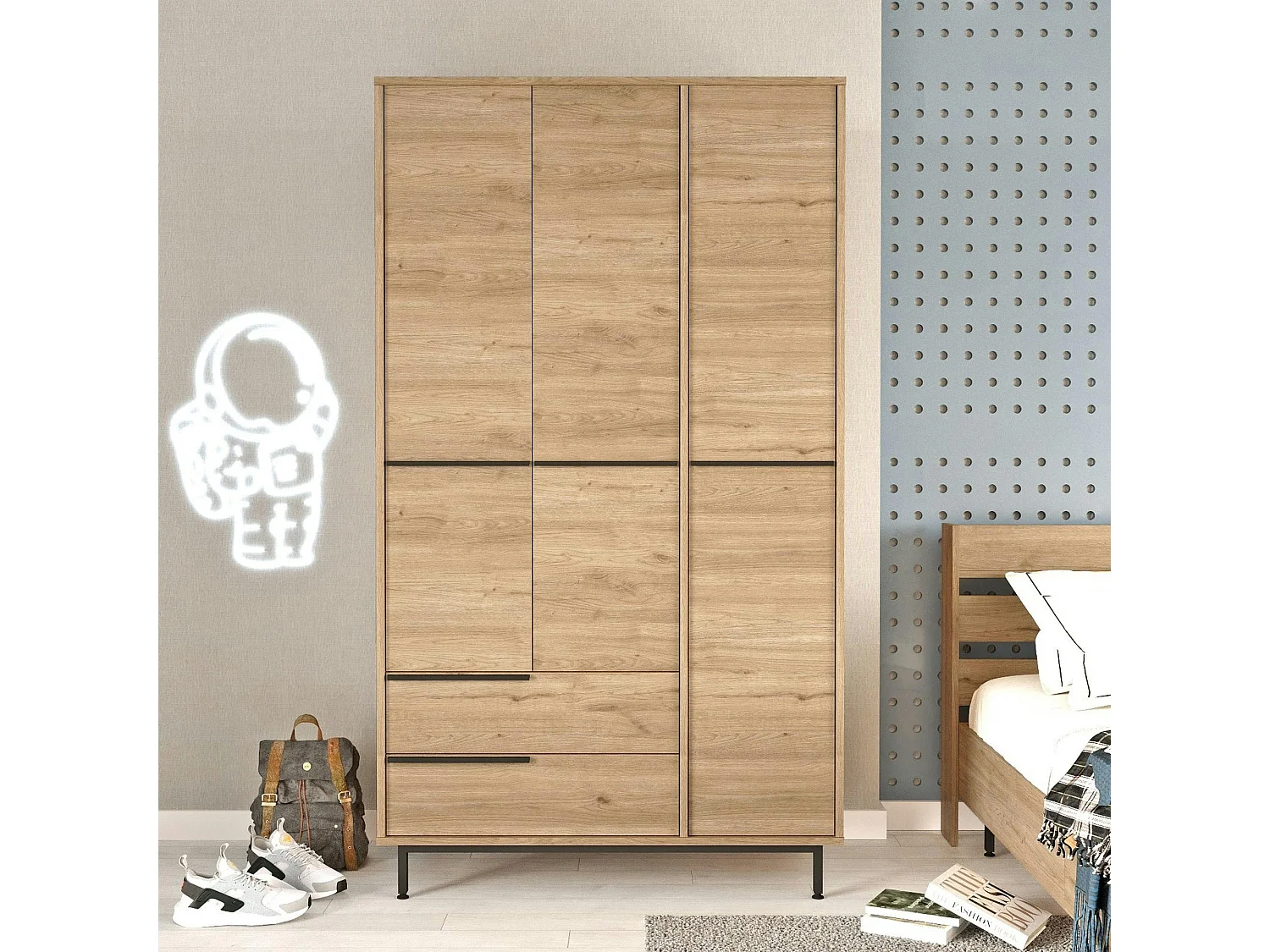 Armoire penderie moderne effet bois - 3 portes BYRON