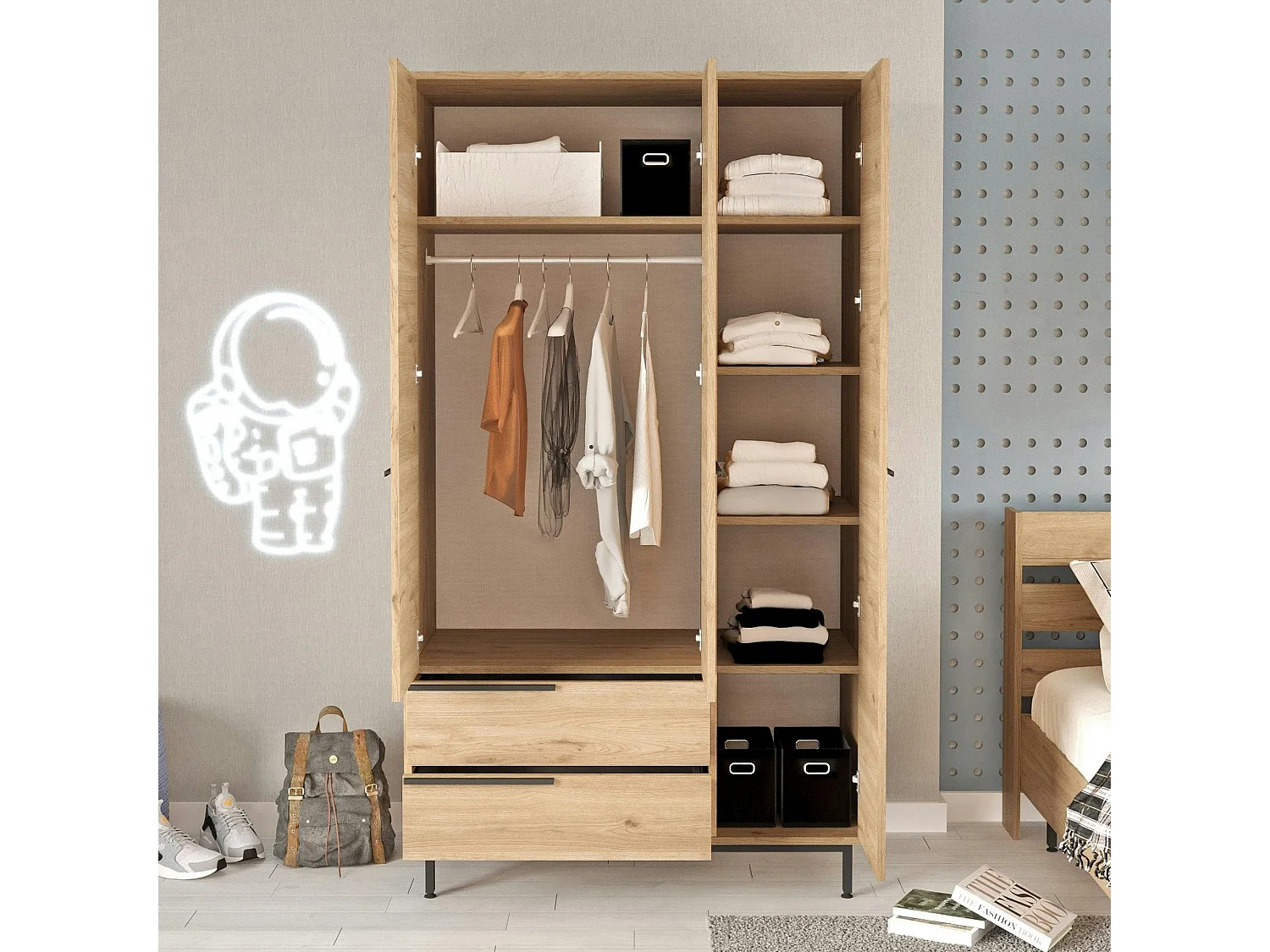 Armoire penderie moderne effet bois - 3 portes BYRON