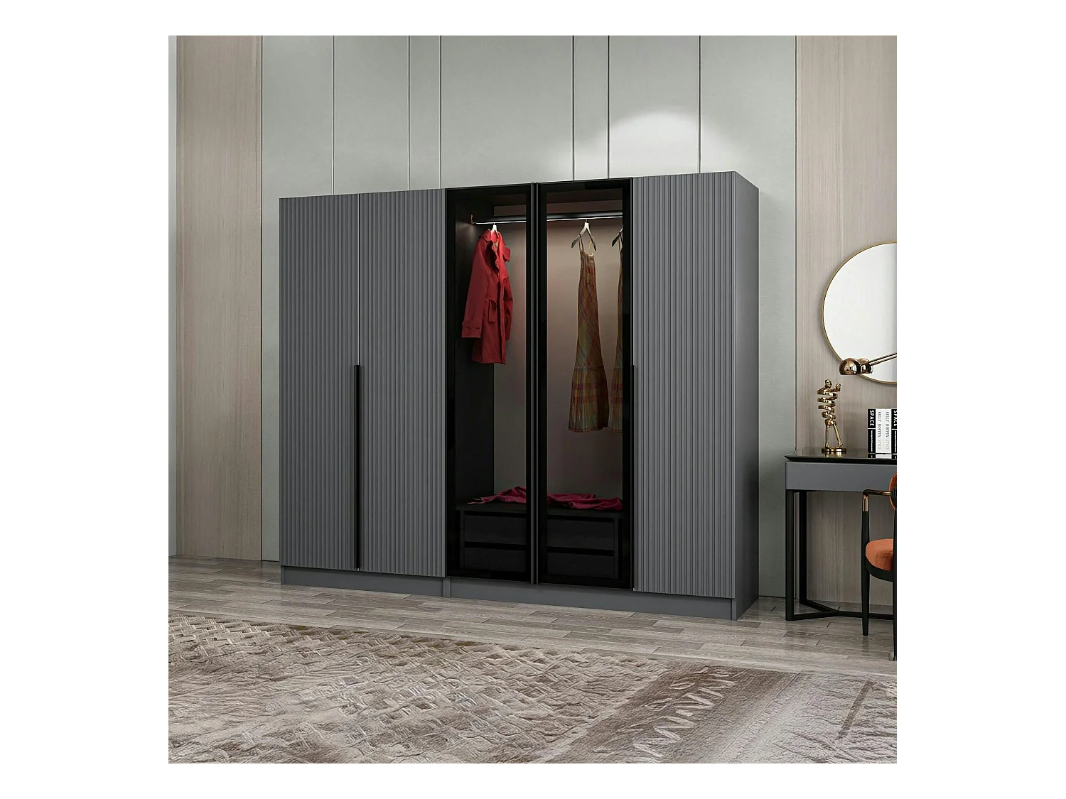 Armoire dressing design gris 2 portes verre BYRON