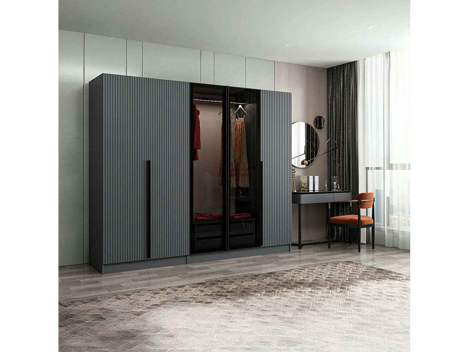 Armoire dressing design gris 2 portes verre BYRON