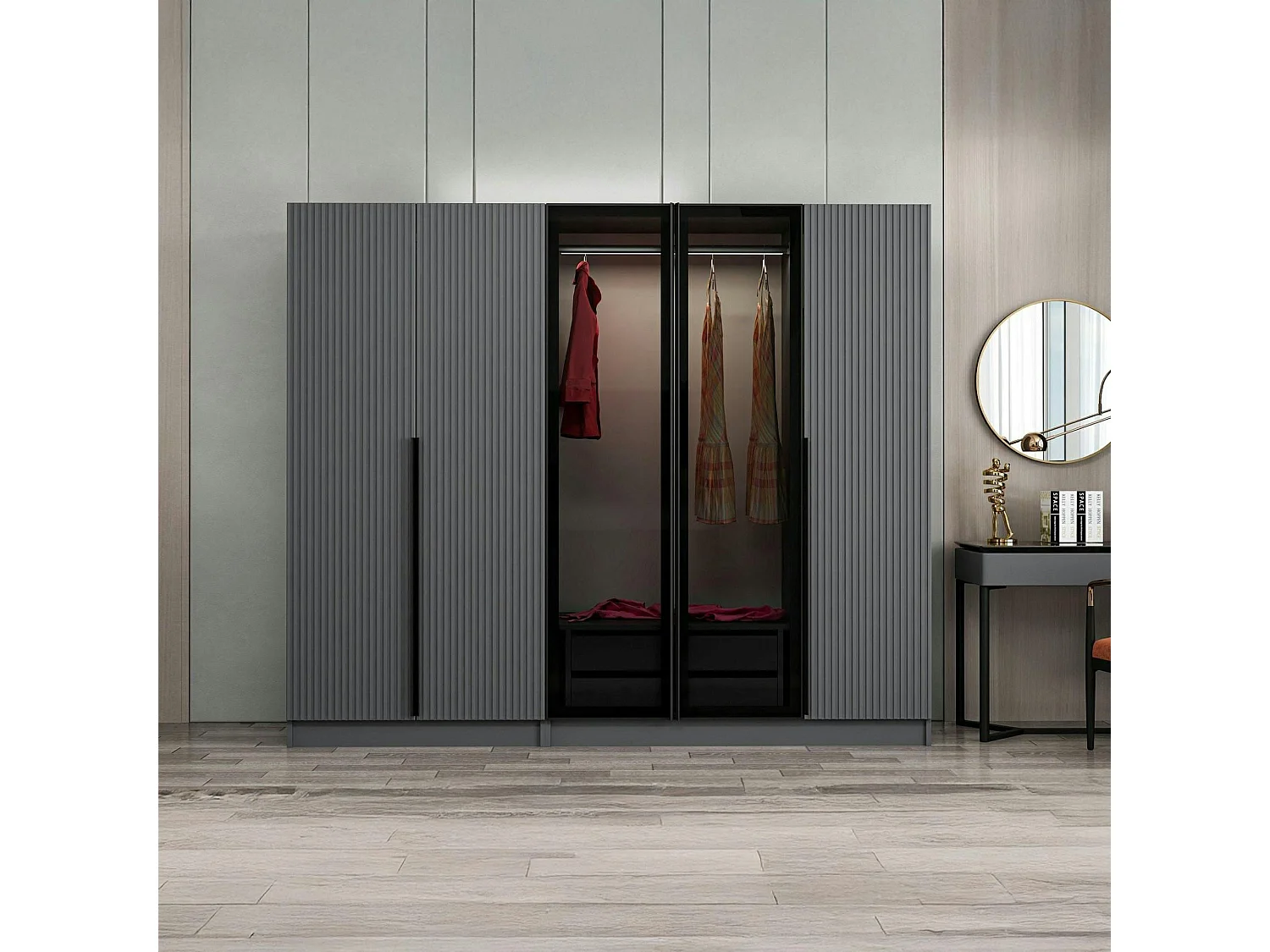 Armoire dressing design gris 2 portes verre BYRON