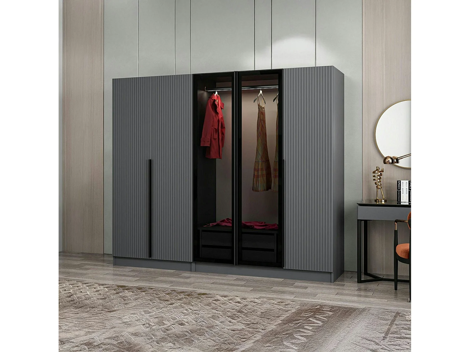 Armoire dressing design gris 2 portes verre BYRON
