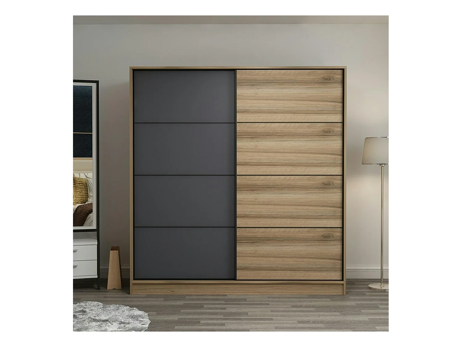 Armoire penderie moderne effet bois et gris L.180 cm BYRON