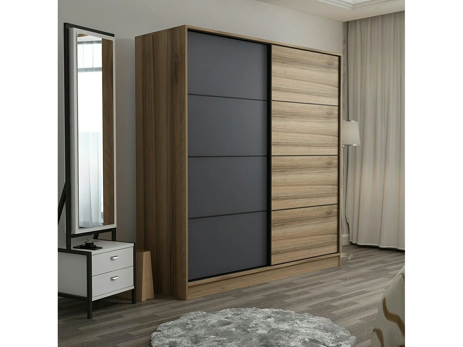 Armoire penderie moderne effet bois et gris L.180 cm BYRON