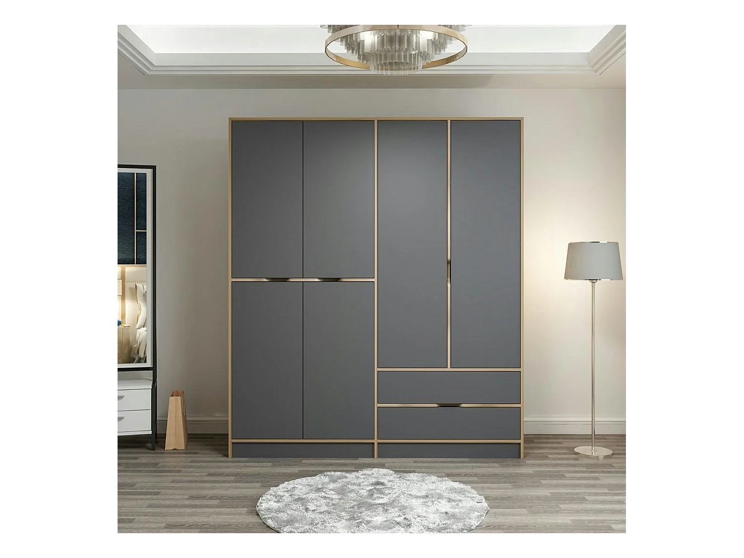 Armoire penderie moderne - 6 portes grises L.185 cm BYRON
