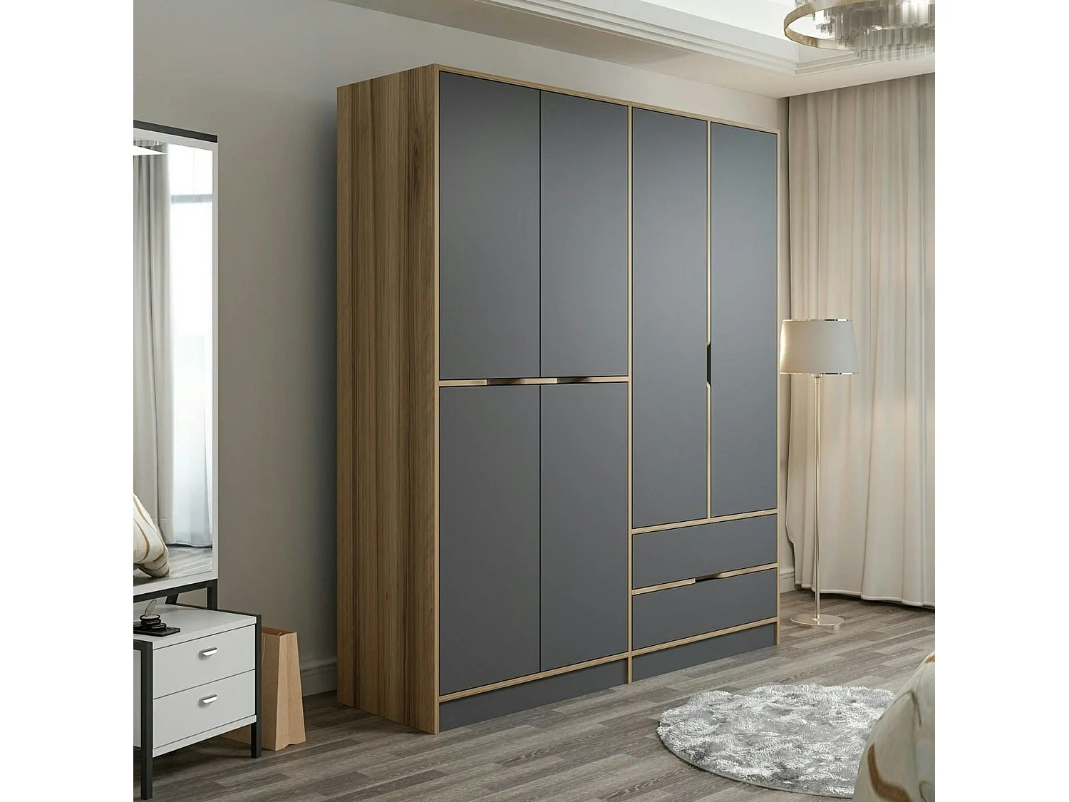 Armoire penderie moderne - 6 portes grises L.185 cm BYRON