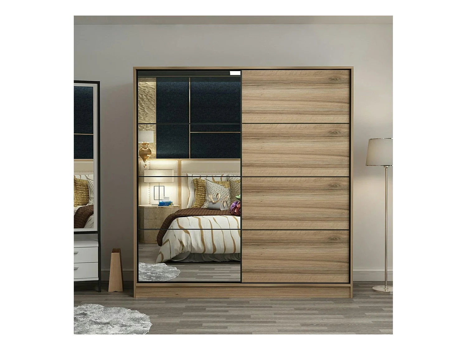 Armoire penderie coulissante effet bois et miroir BYRON