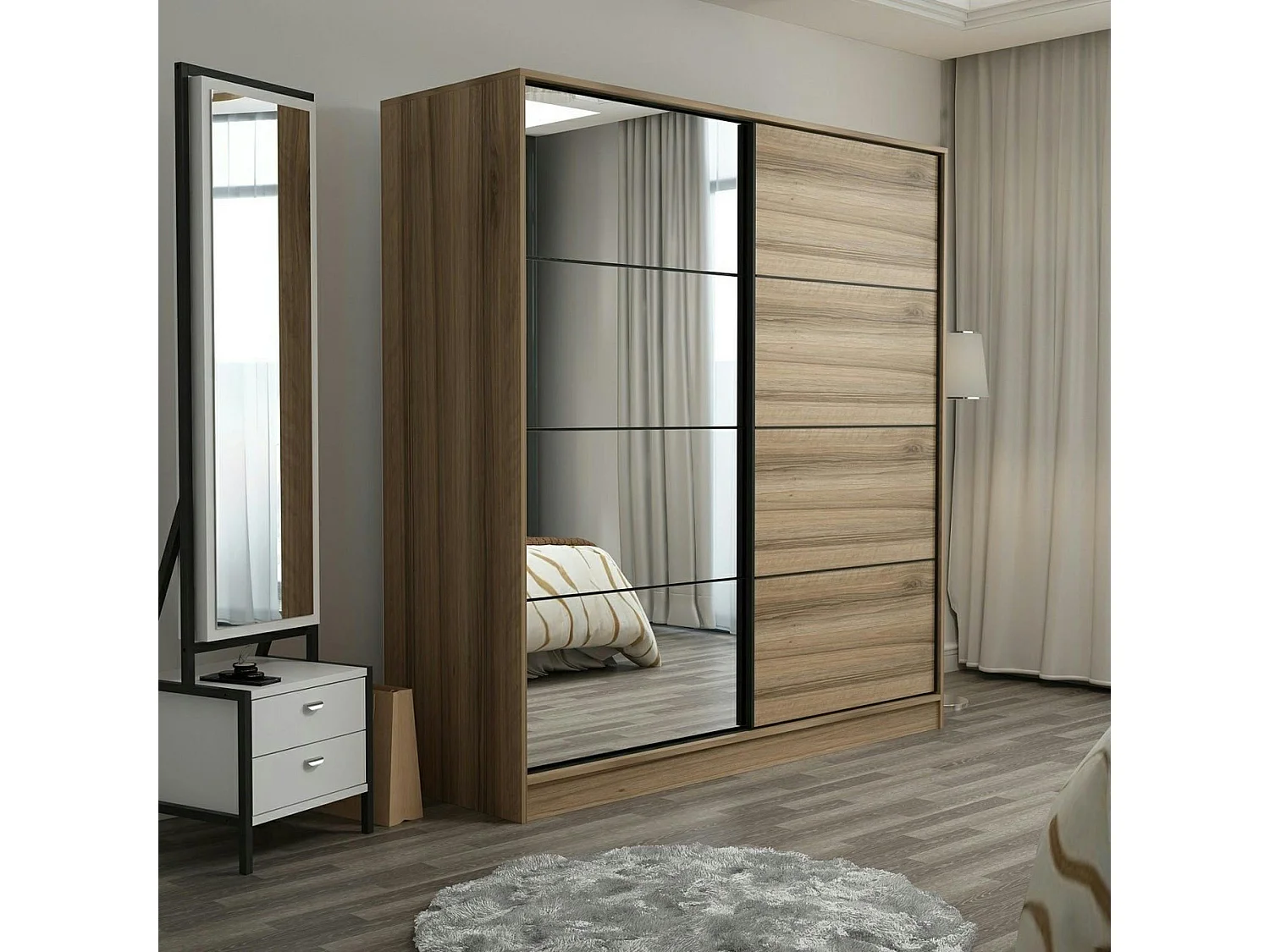 Armoire penderie coulissante effet bois et miroir BYRON