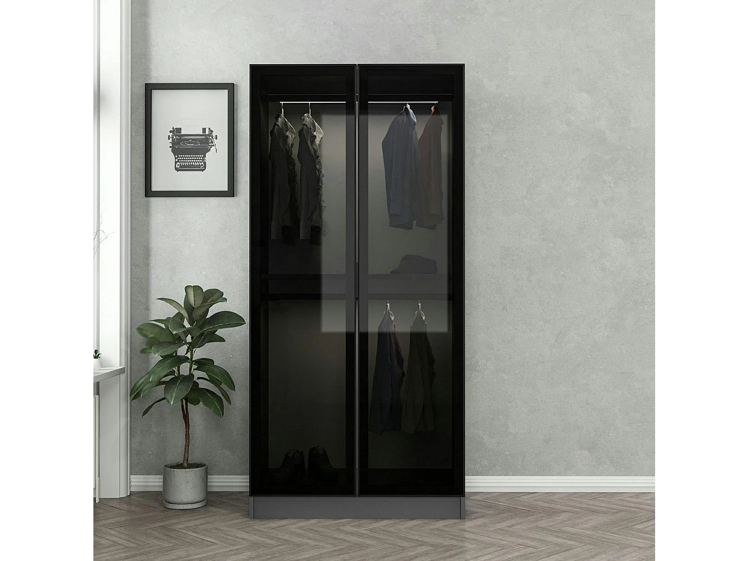 Armoire penderie grise vitrée - 2 portes H.210 cm BYRON