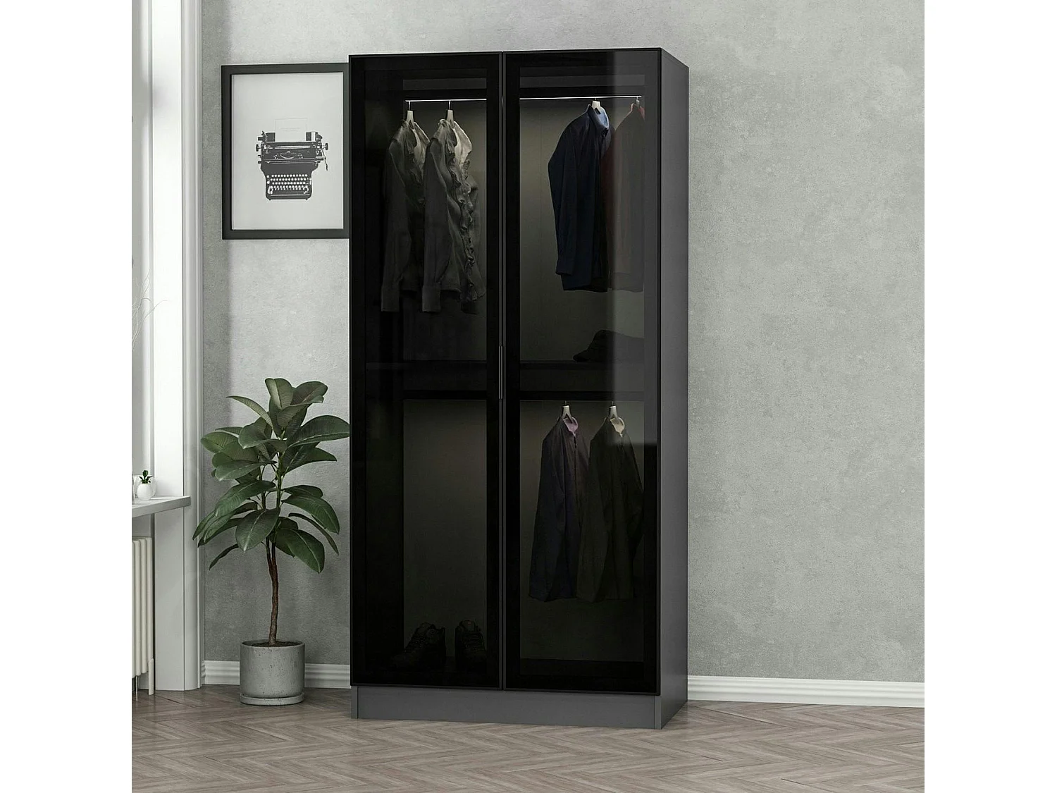 Armoire penderie grise vitrée - 2 portes H.210 cm BYRON