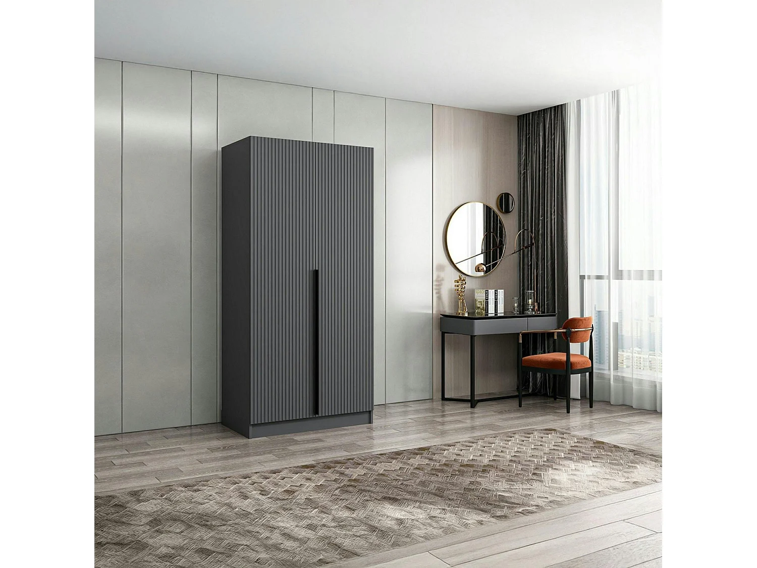 Armoire penderie design gris rainuré - 2 portes BYRON