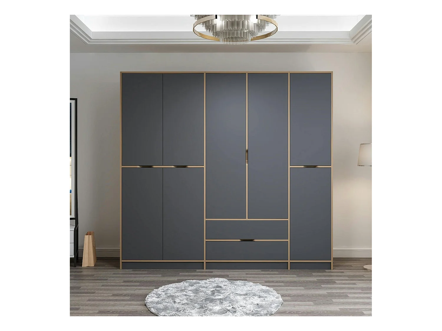 Armoire dressing chambre effet bois, 8 portes grises BYRON