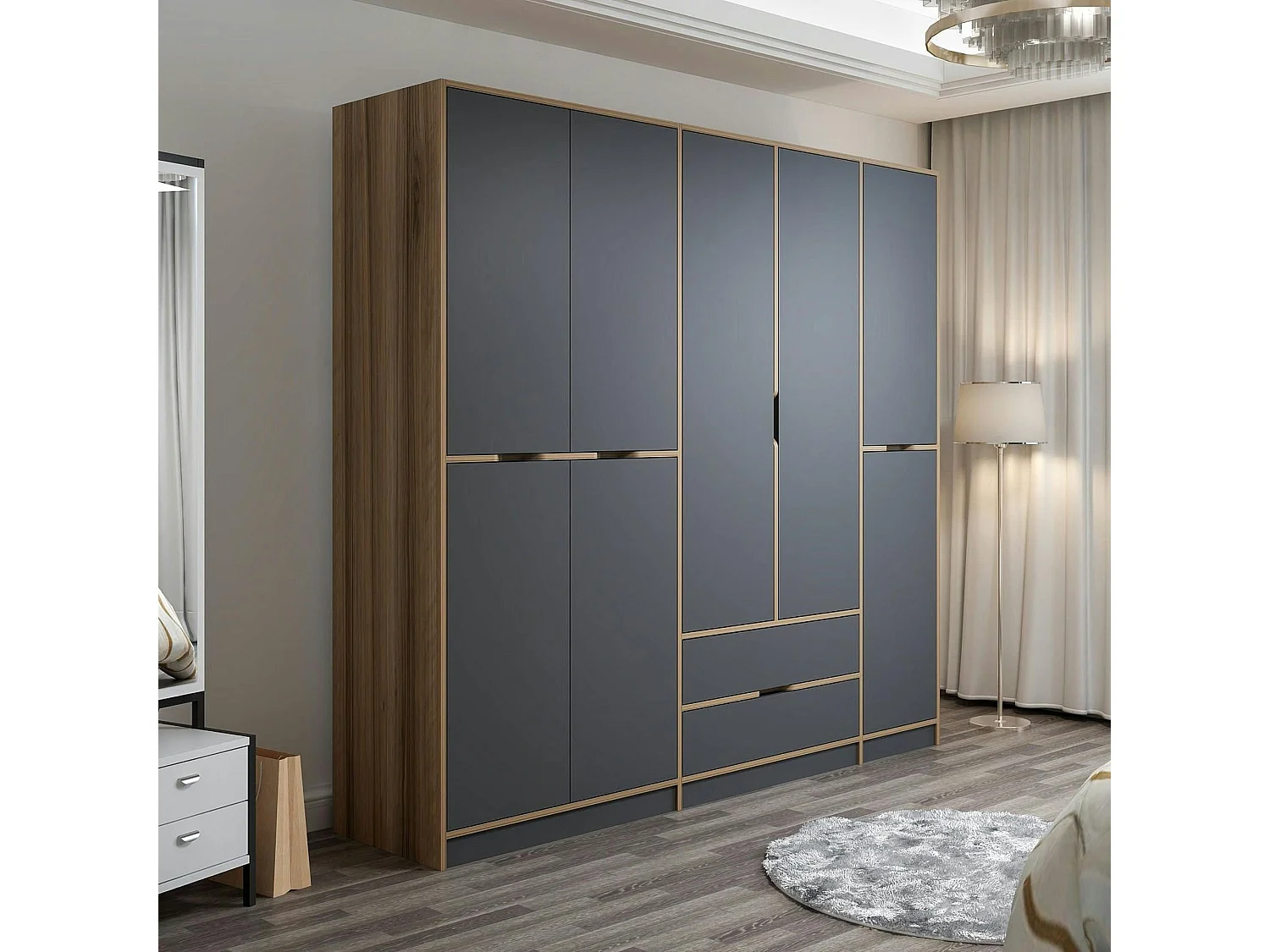 Armoire dressing chambre effet bois, 8 portes grises BYRON